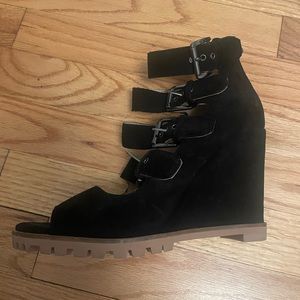 Linea Paolo black suede wedges with silver buckles, size 8.5